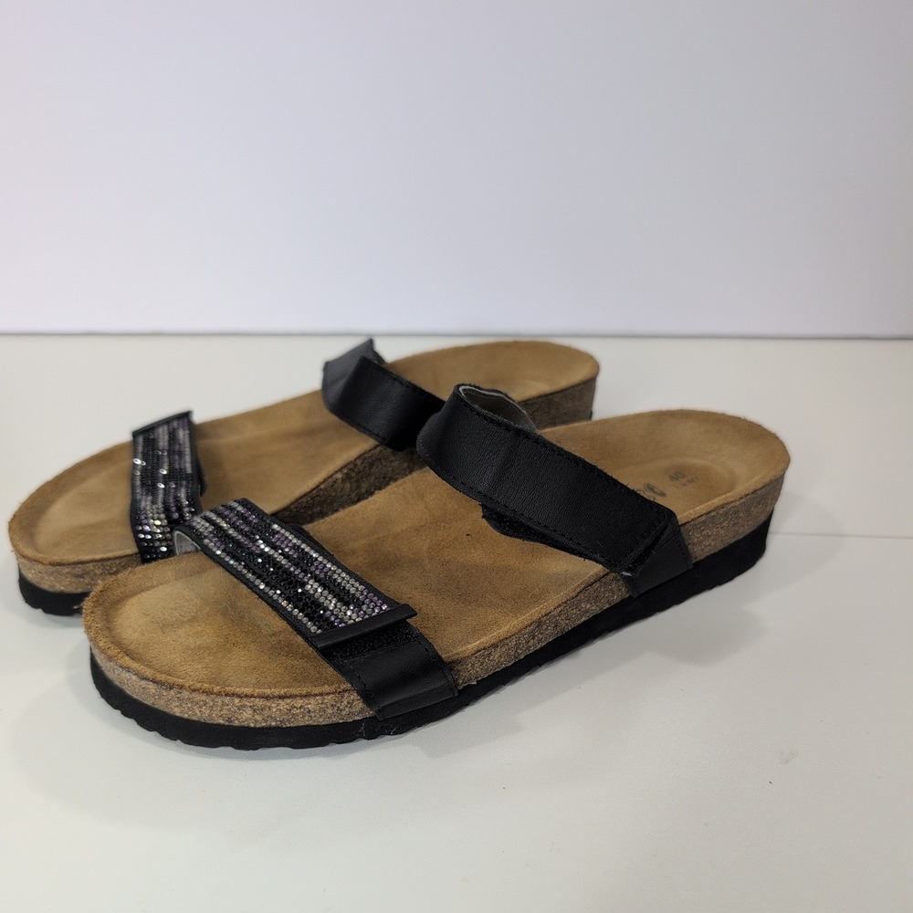 Naot Black Leather Rhinestone Embellished Cork Footbed Slide Sandals 40 L9 M7